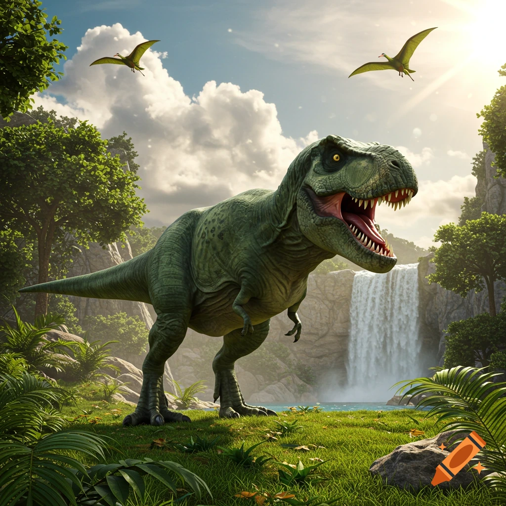 A T-Rex stands in a lush prehistoric jungle scene with a waterfall and pterodactyls flying overhead.