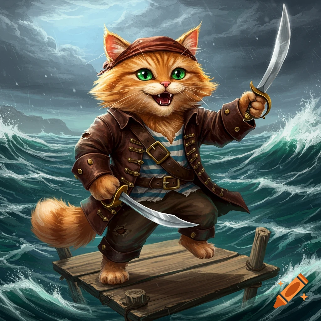 An orange cat dressed as a pirate holding two swords on a raft in a stormy sea.