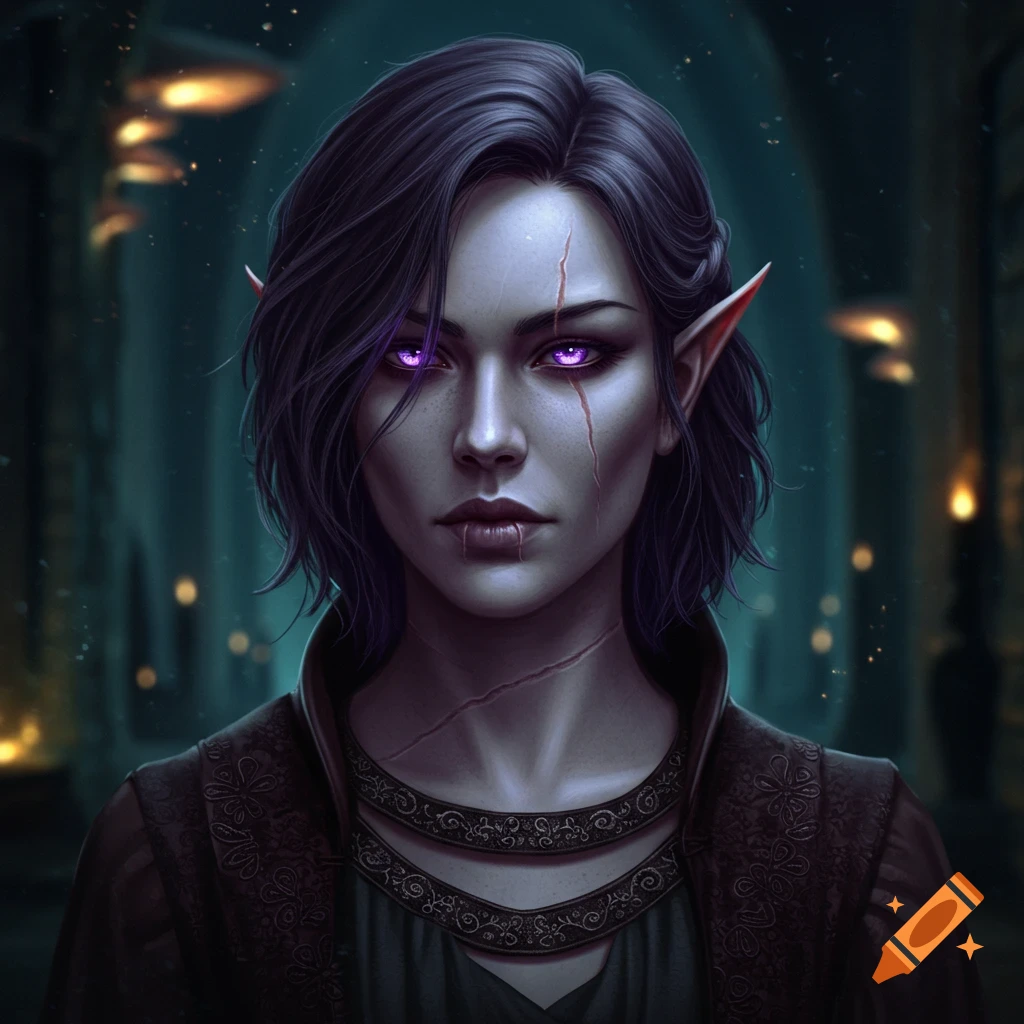 Realistic fantasy portrait of a drow female with glowing purple eyes, scars, and pointy ears in a dark interior.