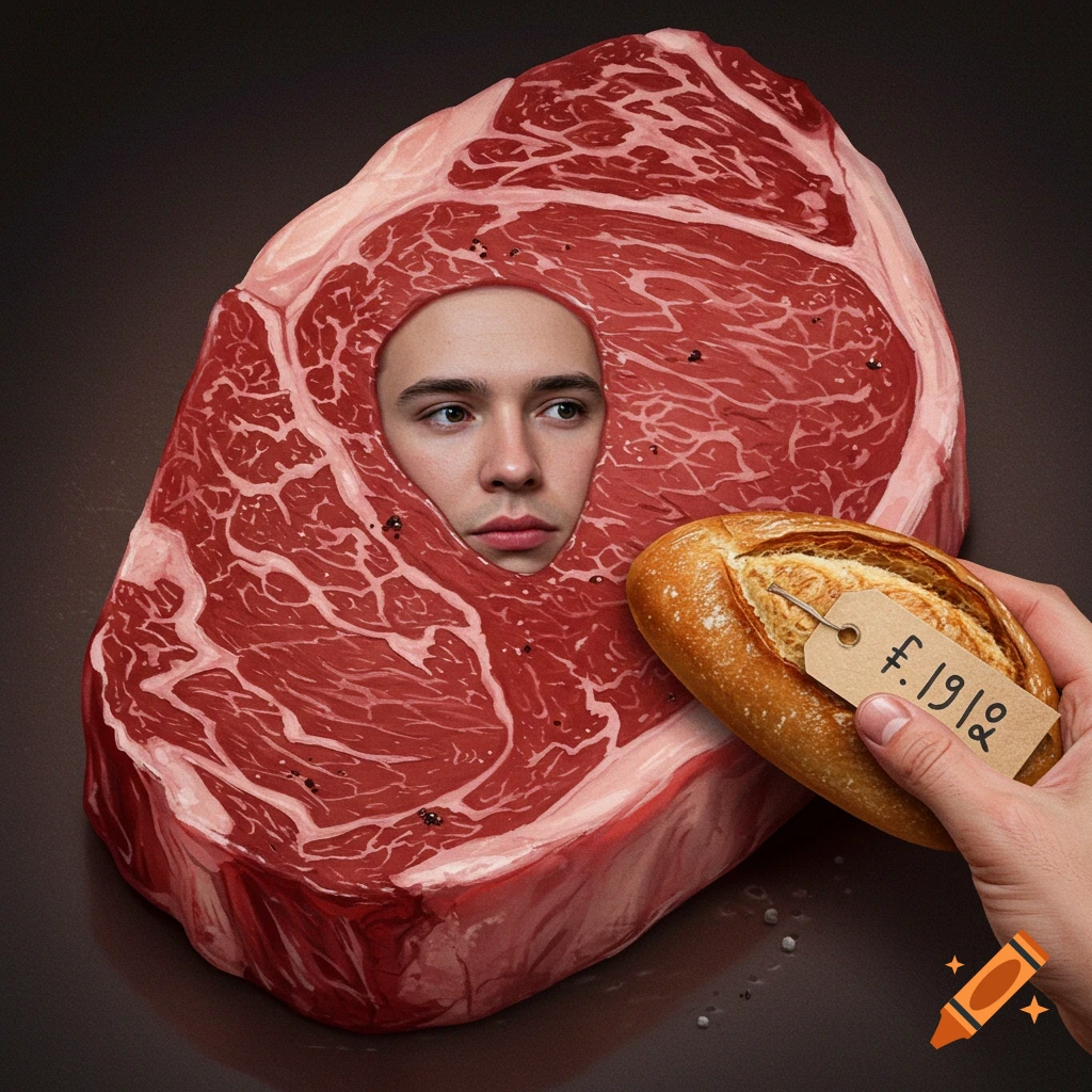 Surreal image of a face in a raw steak with a hand holding a loaf of bread and price tag.