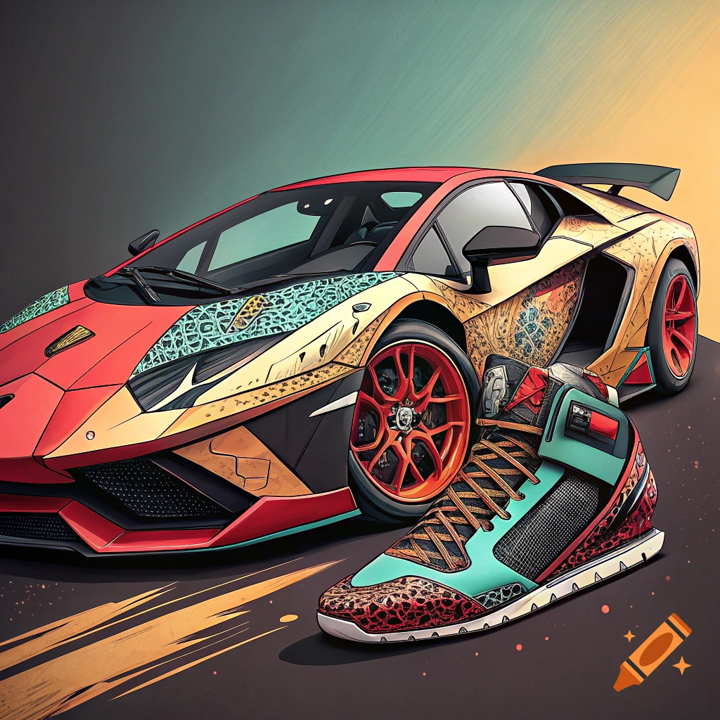 A Lamborghini sportscar and a Jordan shoe-inspired sneaker, both with intricate custom patterns.