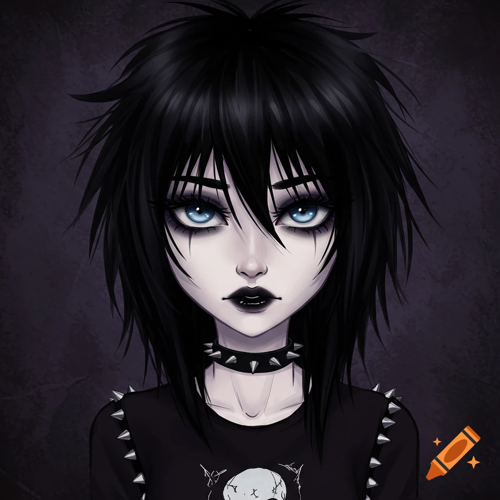 Portrait of a black-haired girl with blue eyes and dark makeup, wearing a spiked collar and t-shirt, in an anime style.