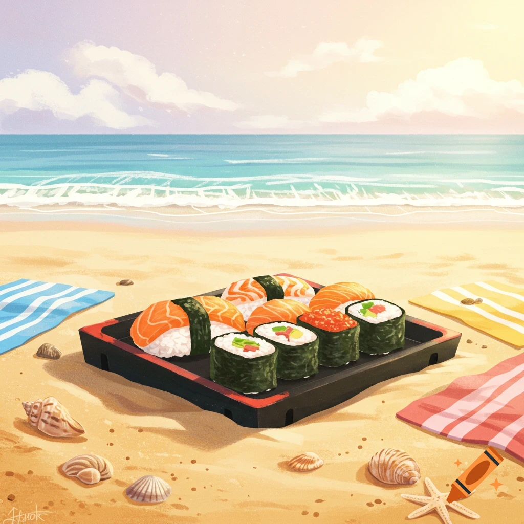 A platter of sushi is on a beach with the ocean in the background.