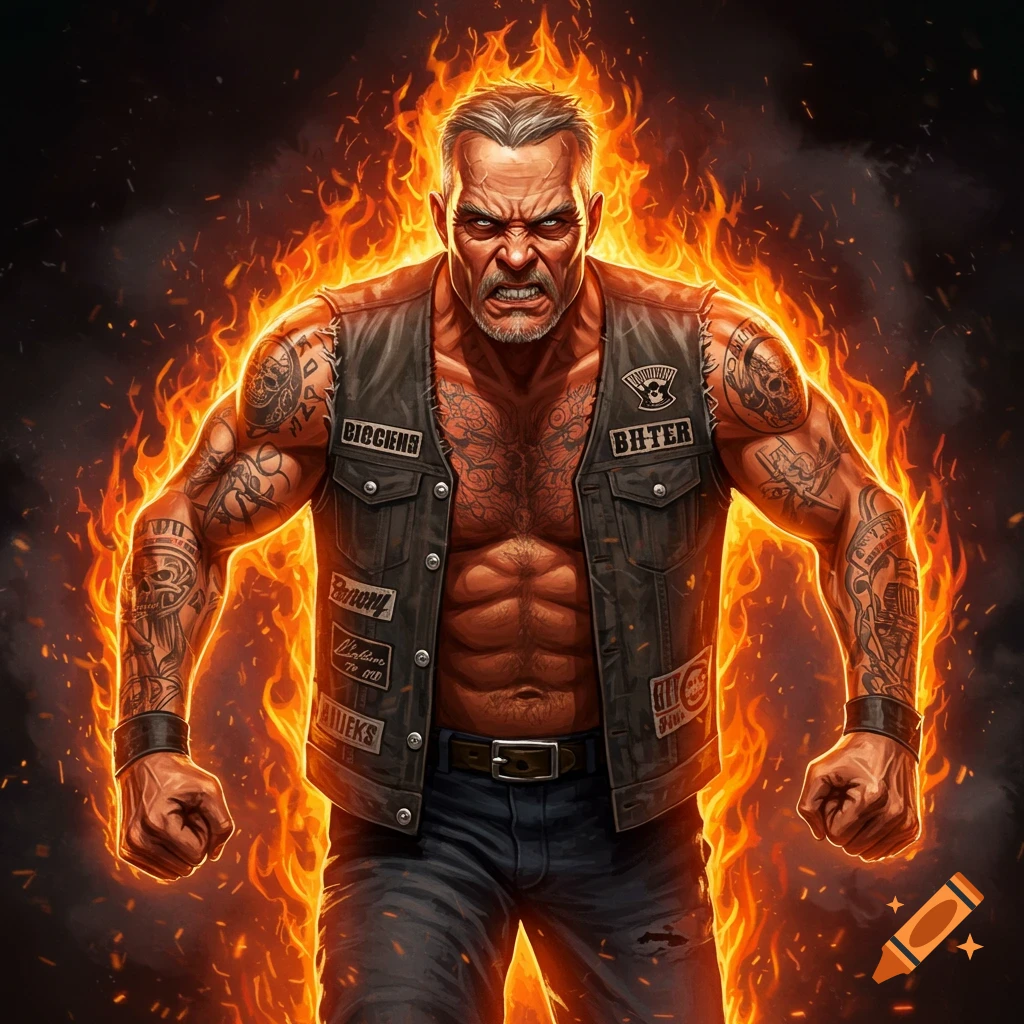 A muscular biker engulfed in flames, wearing a vest and covered in tattoos.
