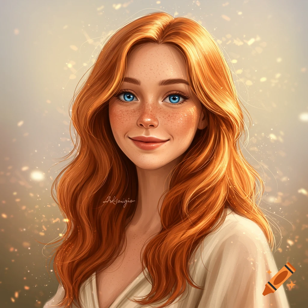 A red-haired woman with blue eyes and freckles.