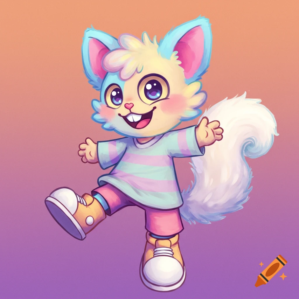 A cute cartoon furry creature in a striped shirt.