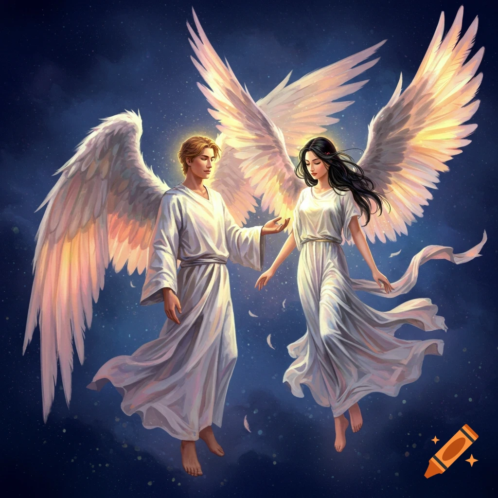 Male and female angels floating in a starry sky.