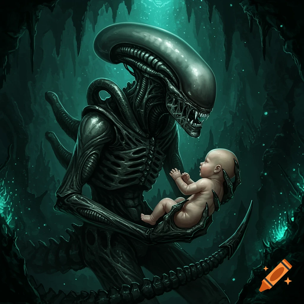 A dark image of a Xenomorph cradling a human baby in a glowing cave.