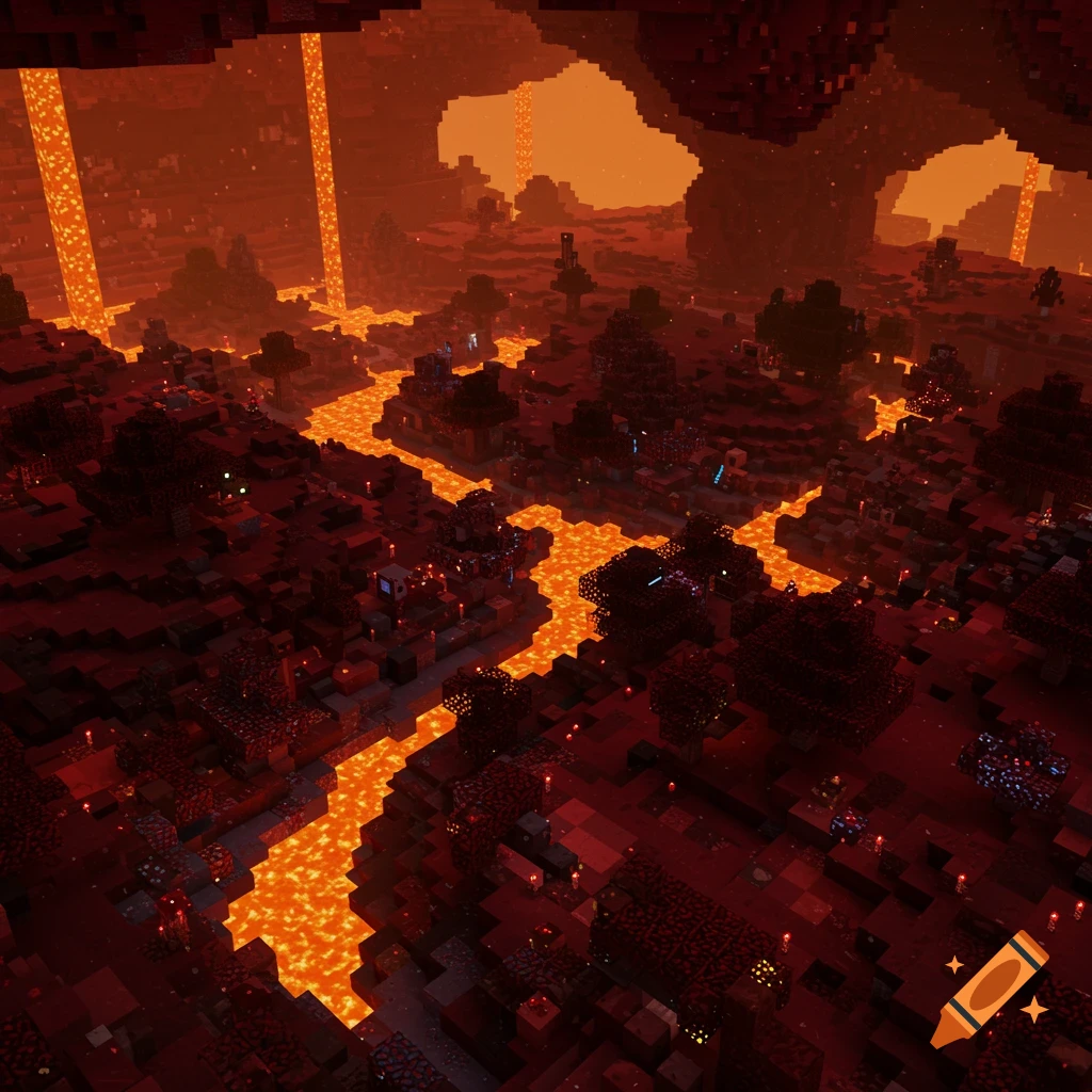 A blocky, fiery landscape with lava rivers and block trees in the style of the Minecraft Nether.