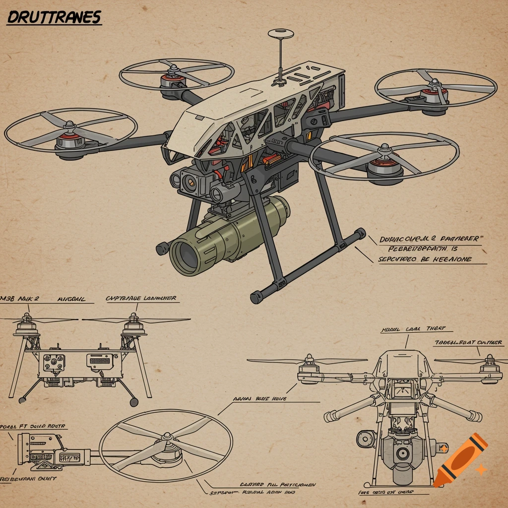 Detailed blueprint illustration of a quadcopter drone with various components and labels.