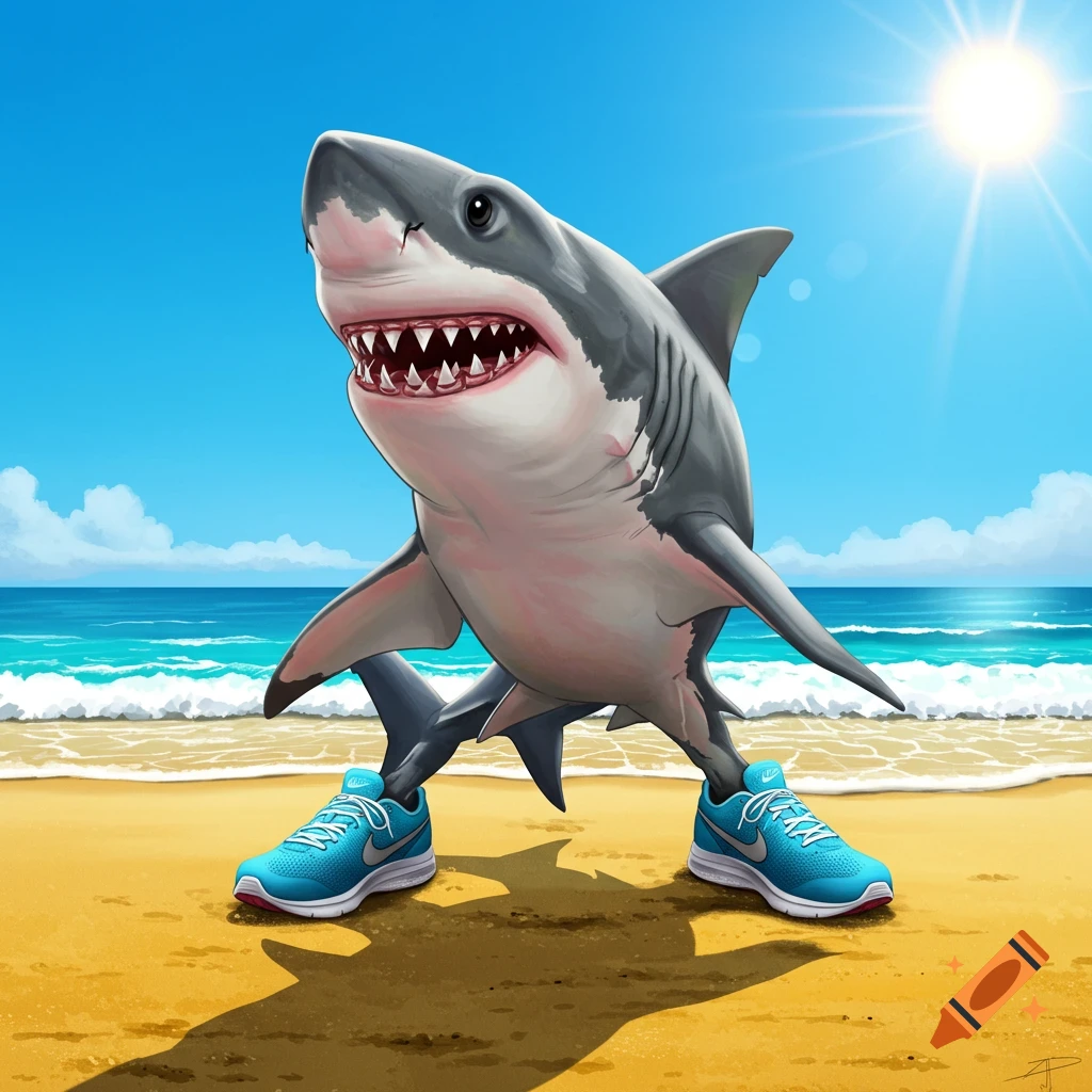 A shark on a beach is wearing blue Nike running shoes under a bright sun.