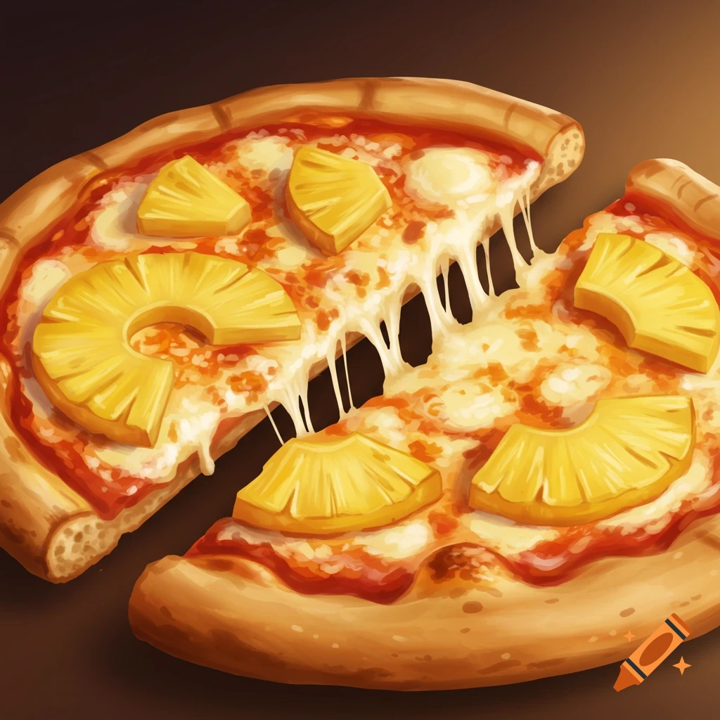 A pineapple pizza with a slice being pulled, showing melted cheese.