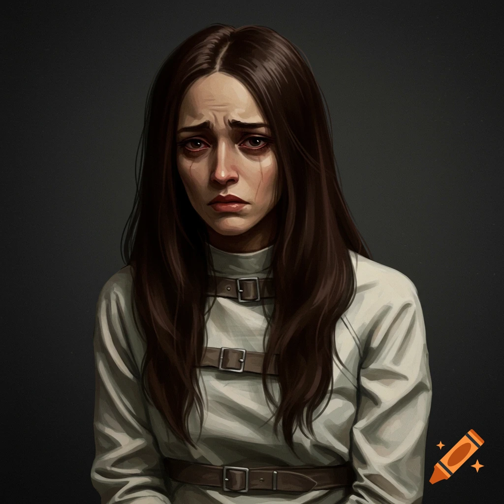 A woman with long brown hair wearing a straitjacket looks sad.