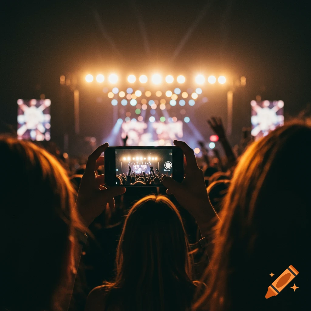 Person holding a smartphone recording a bright concert stage with lights and crowd.