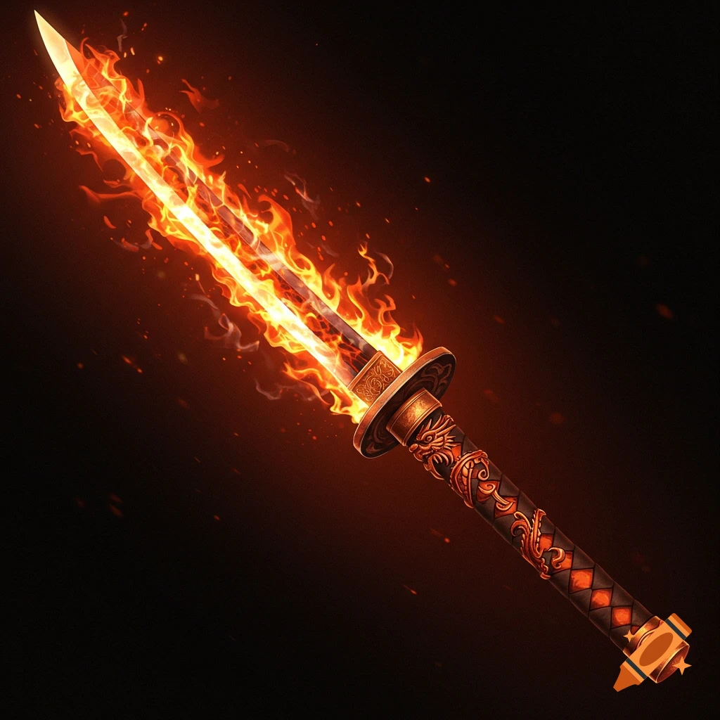 A Tachi sword engulfed in flames.