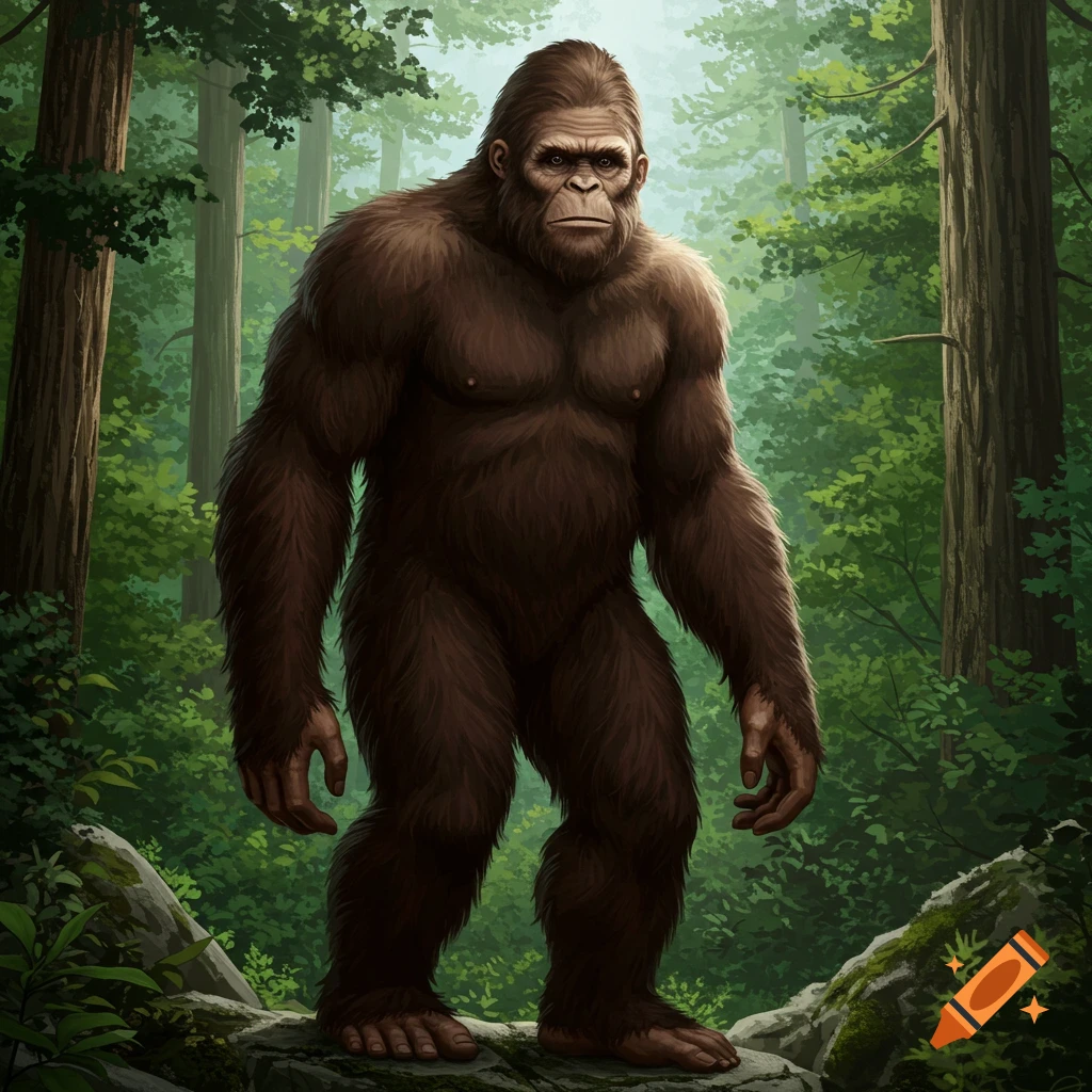A realistic image of Bigfoot standing in a lush forest.