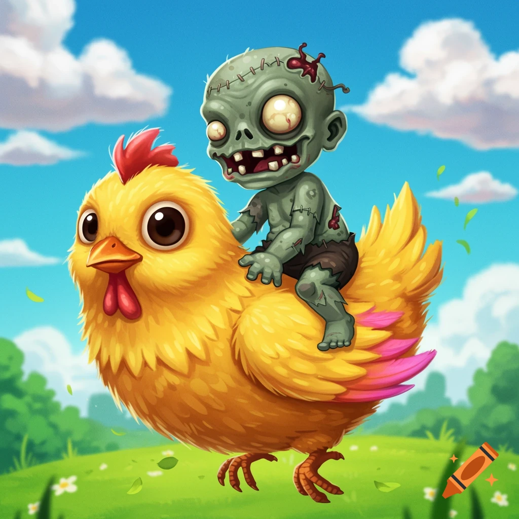 A cartoon baby zombie rides a fluffy yellow chicken through a green meadow under a blue sky.