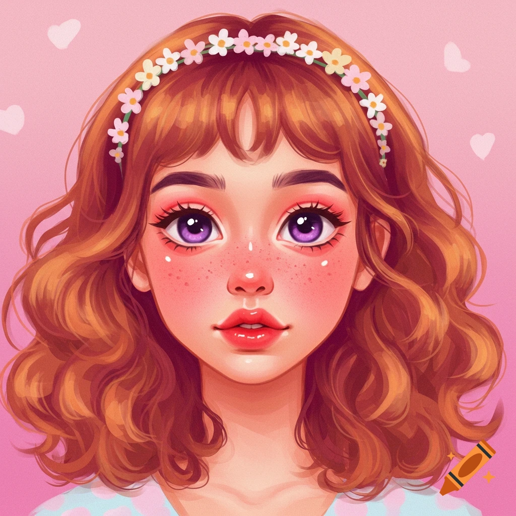 Portrait of a girl with purple eyes and a flower headband.