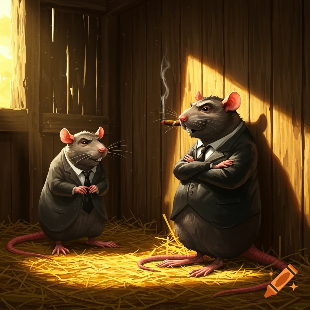 Two anthropomorphic rats in suits stand in a barn, one smoking a cigar.