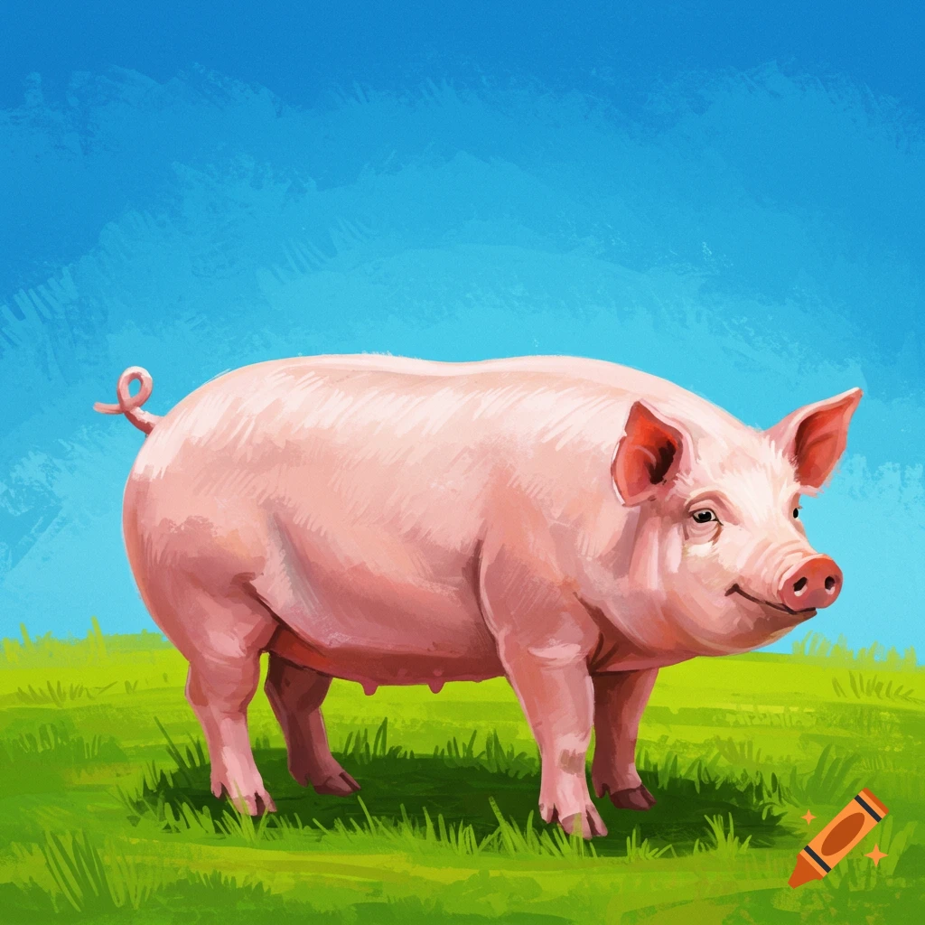 A pink pig standing in green grass under a blue sky.