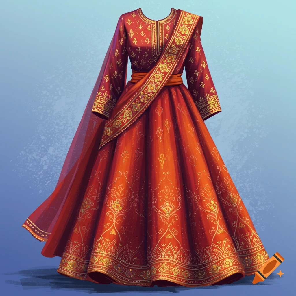 A red and orange dress with gold patterns.
