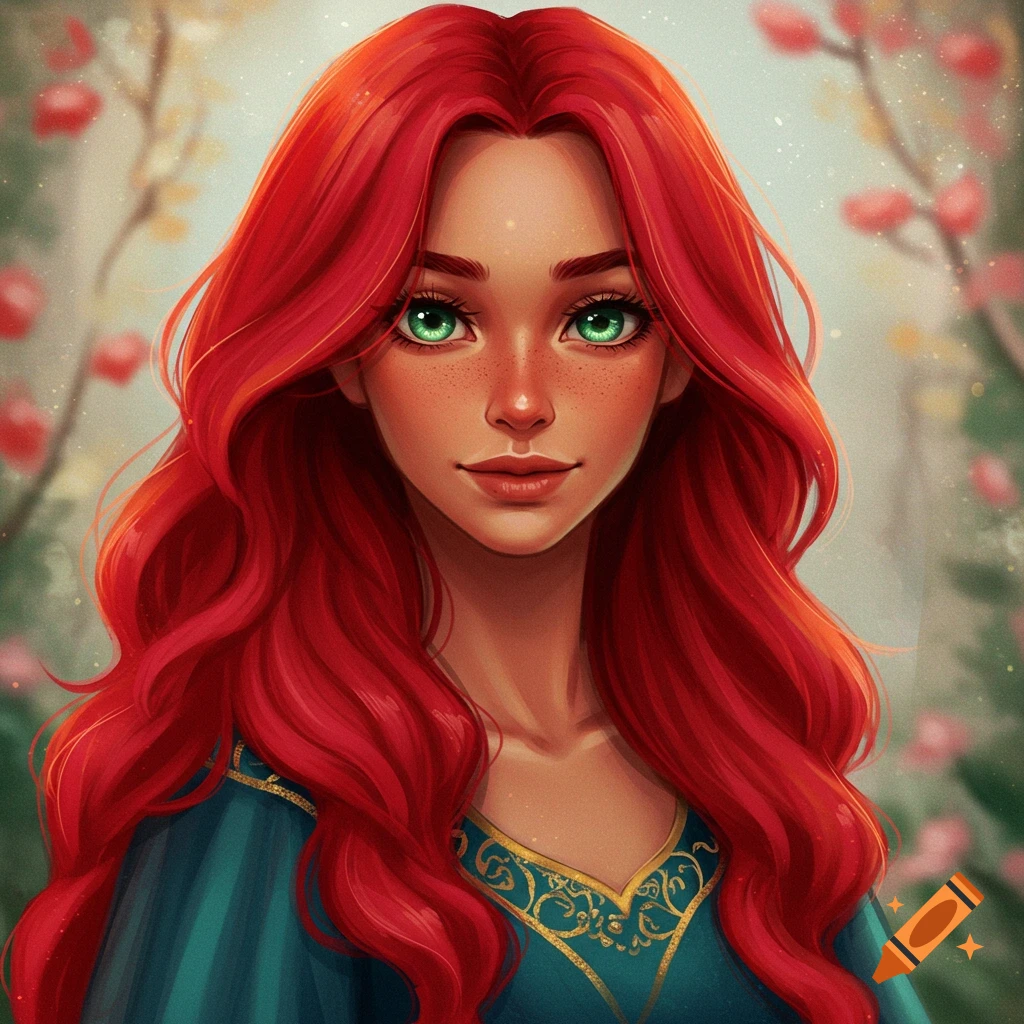 Portrait of a woman with long red hair, green eyes, and freckles, wearing a blue and gold dress, against a floral background.