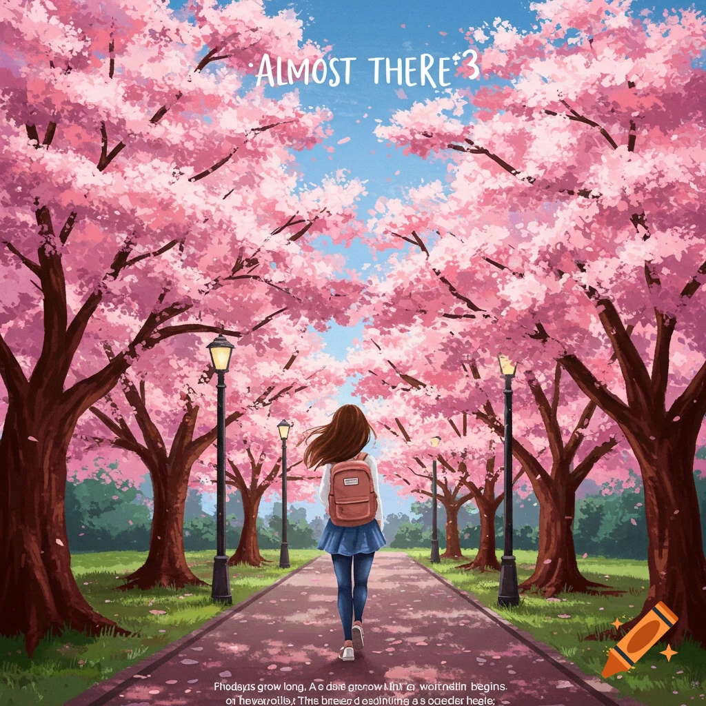 A girl walks down a path lined with pink cherry blossom trees.