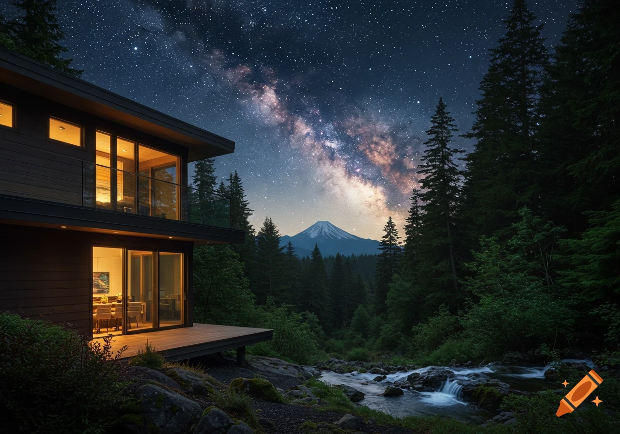 Modern house in a forest by a river under the Milky Way night sky with a distant mountain.