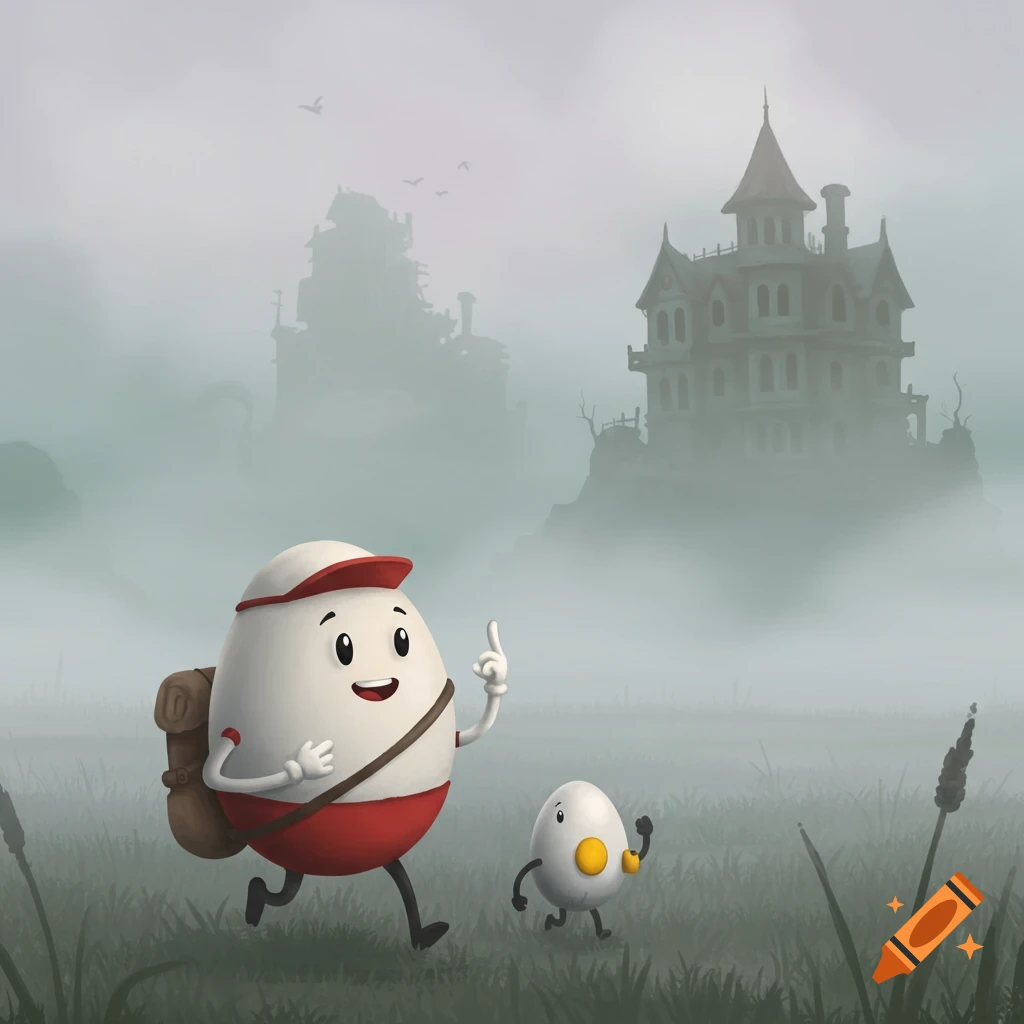 Two cartoon eggs walk through a foggy field towards a spooky mansion on a hill.