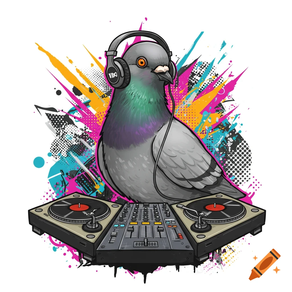A logo of a pigeon wearing headphones behind DJ turntables with colorful splatters.