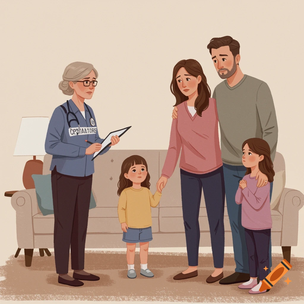 Illustration of a social worker talking to a family with two children in a living room.