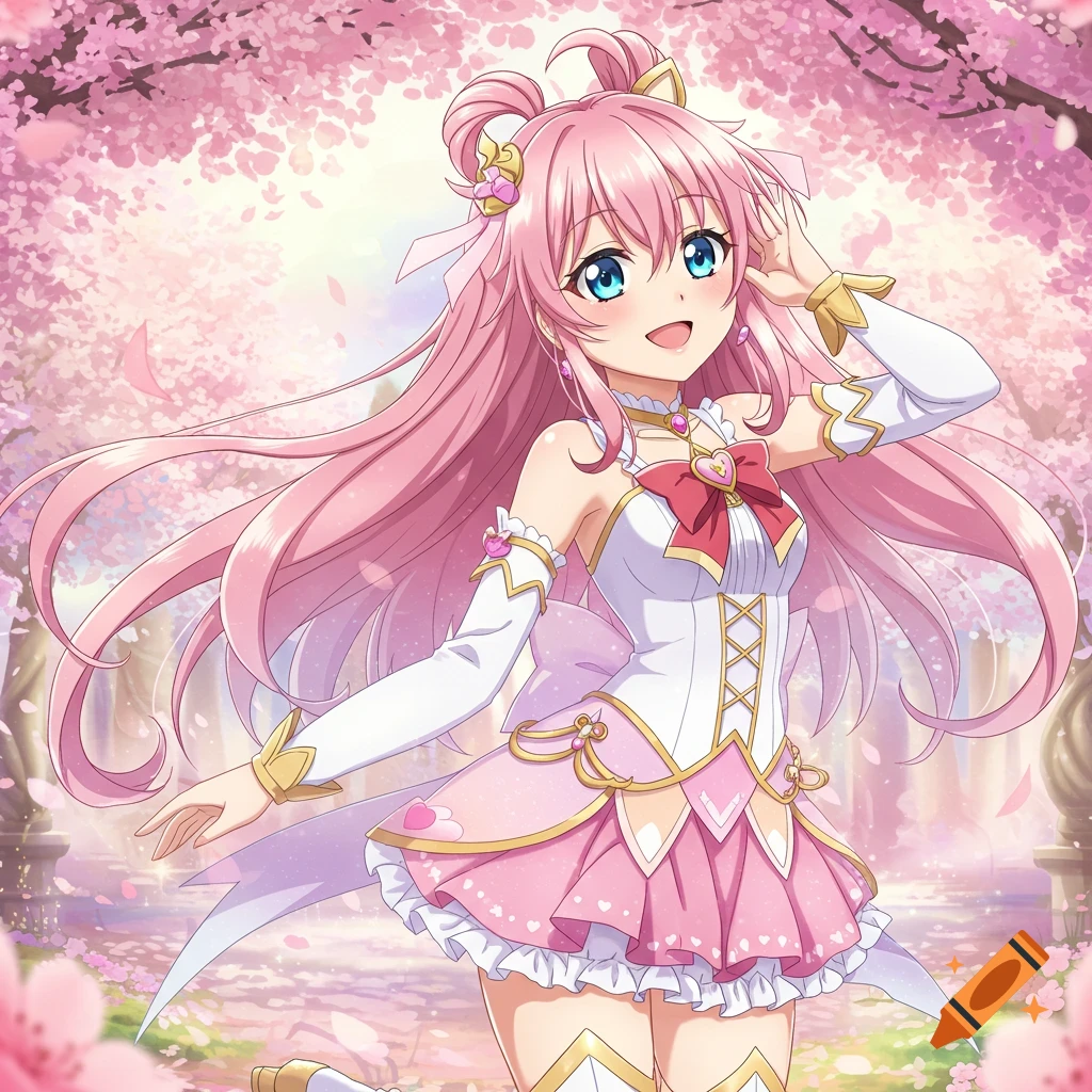 Anime girl with pink hair in pink and white magical girl outfit among cherry blossom trees.