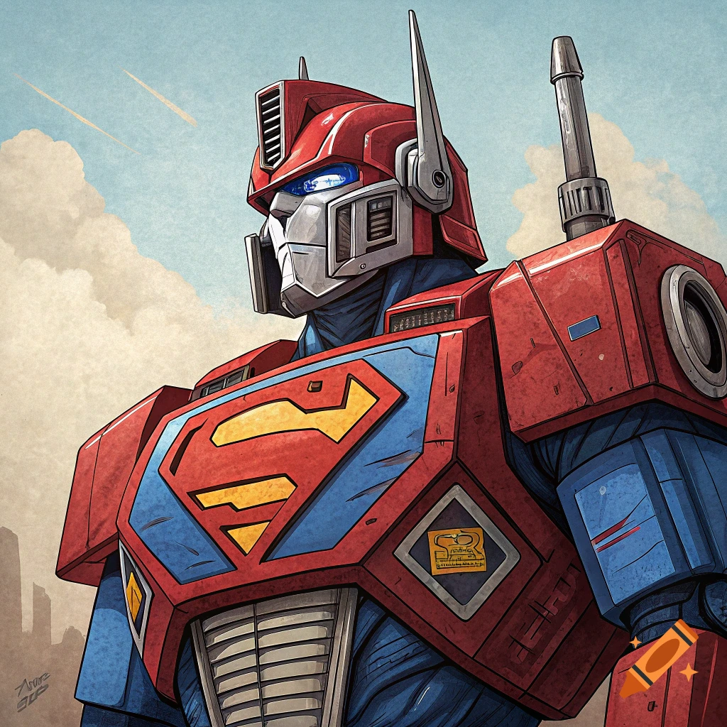 Illustration of Optimus Prime robot wearing a Superman costume.