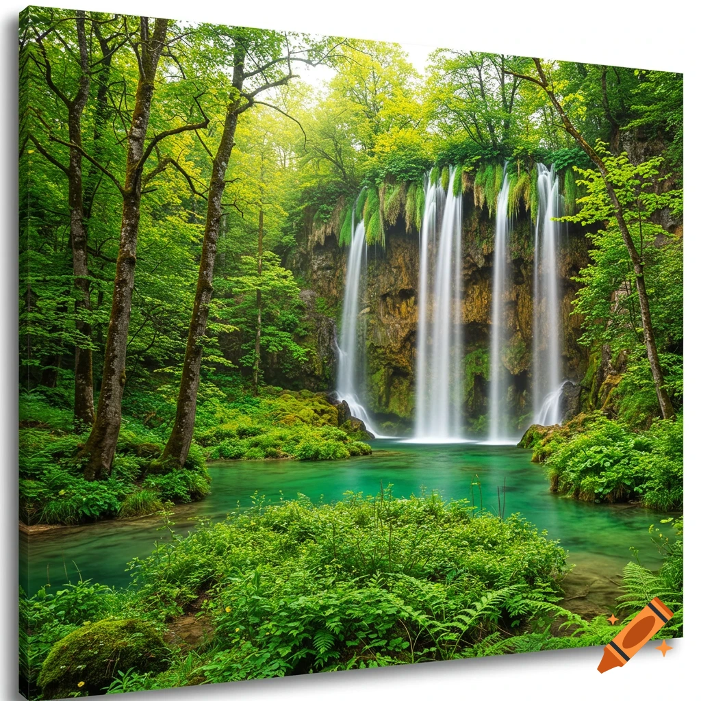 Photorealistic image of a waterfall cascading into a vibrant green lake surrounded by a lush forest.