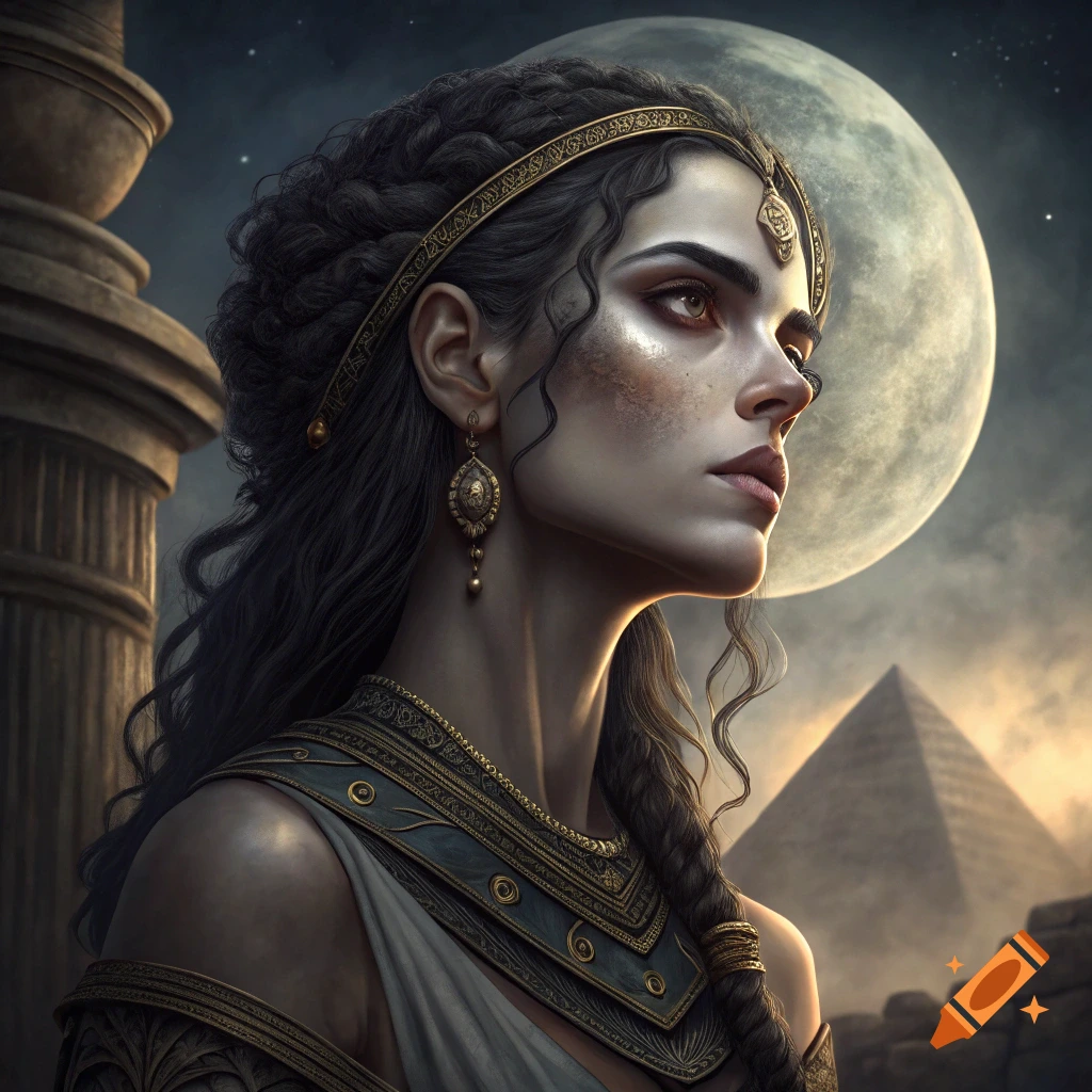 A woman with dark braided hair wears ancient Egyptian-style attire against a night sky with a large moon, pyramid, and pillar.