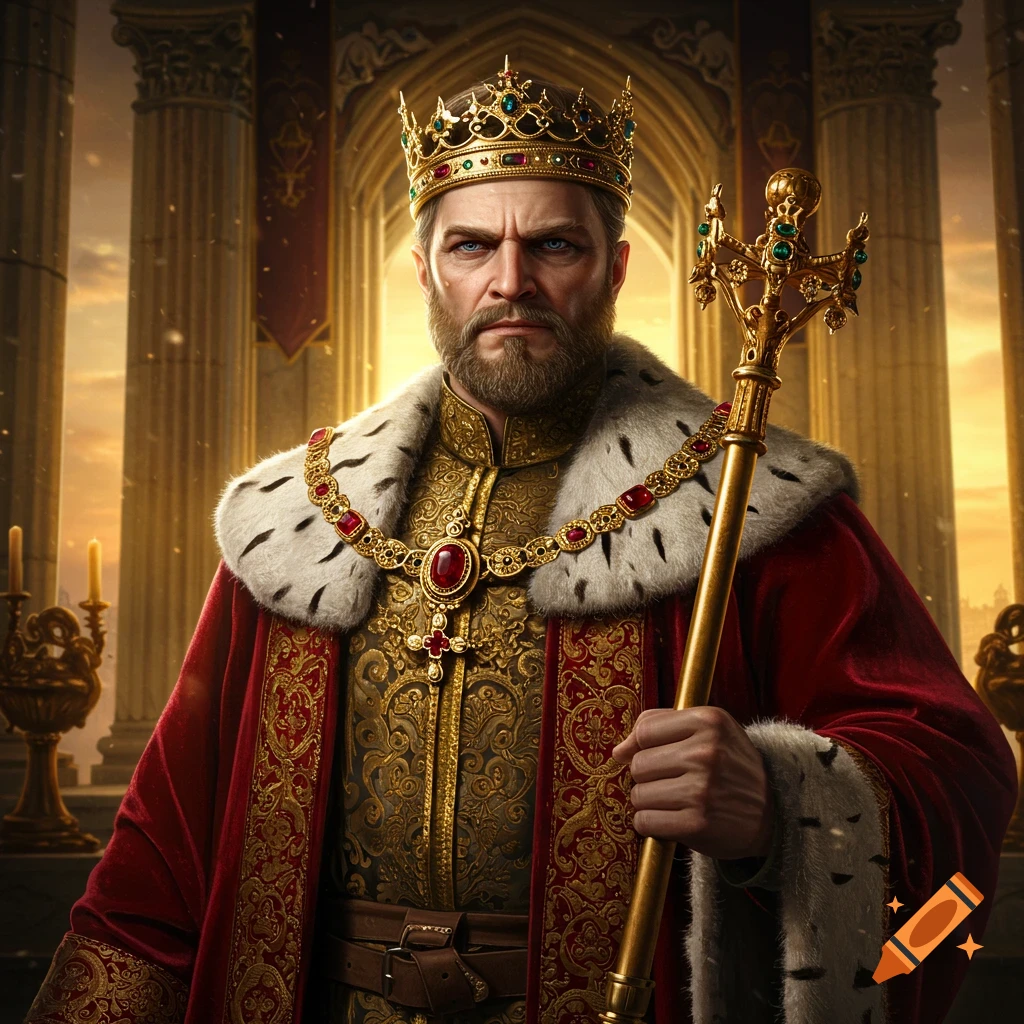 A stern ruler wearing a crown and robe, holding a scepter in a grand hall at sunset.