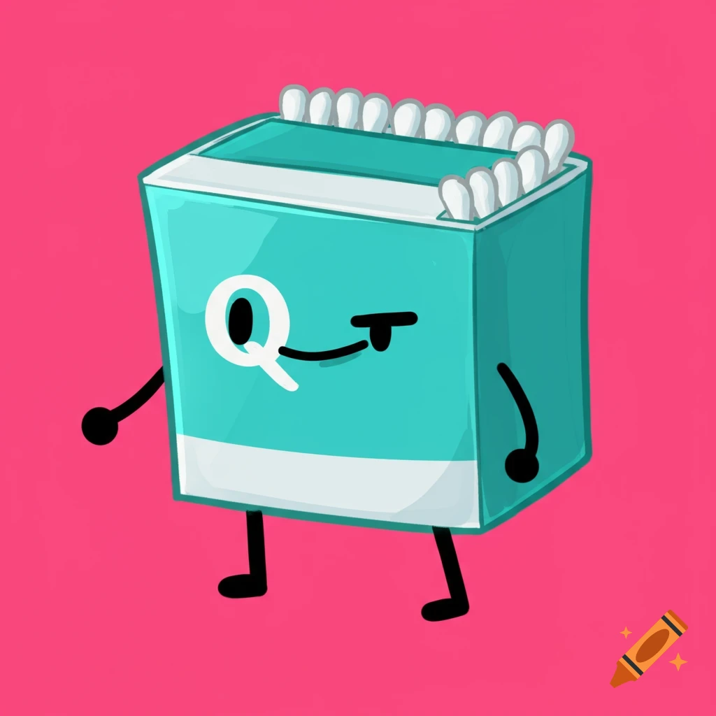 A cartoon box of Q-tips with arms and legs stands on a pink background.