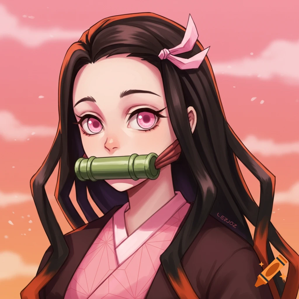 Anime character Nezuko with a bamboo muzzle against a pink sky.