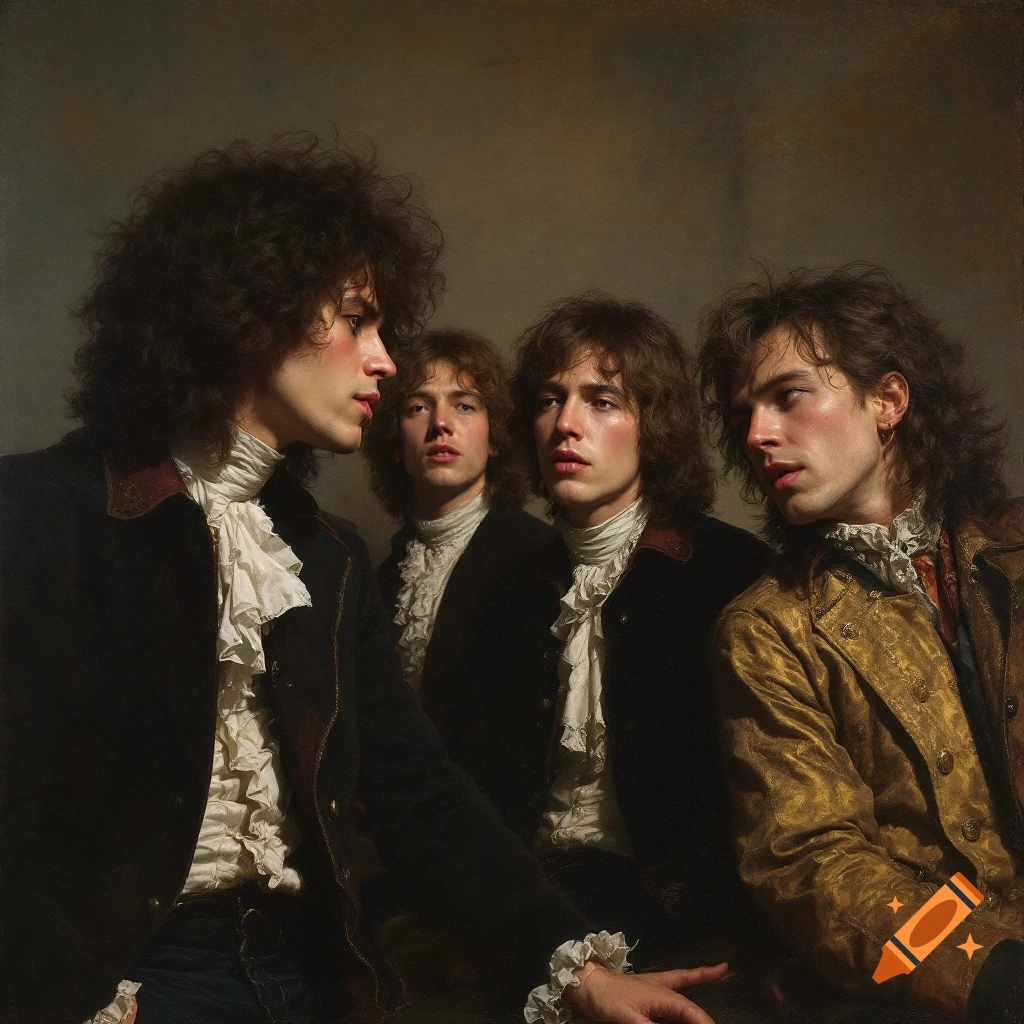 Painting of four men in 1770s style ruffled shirts and coats