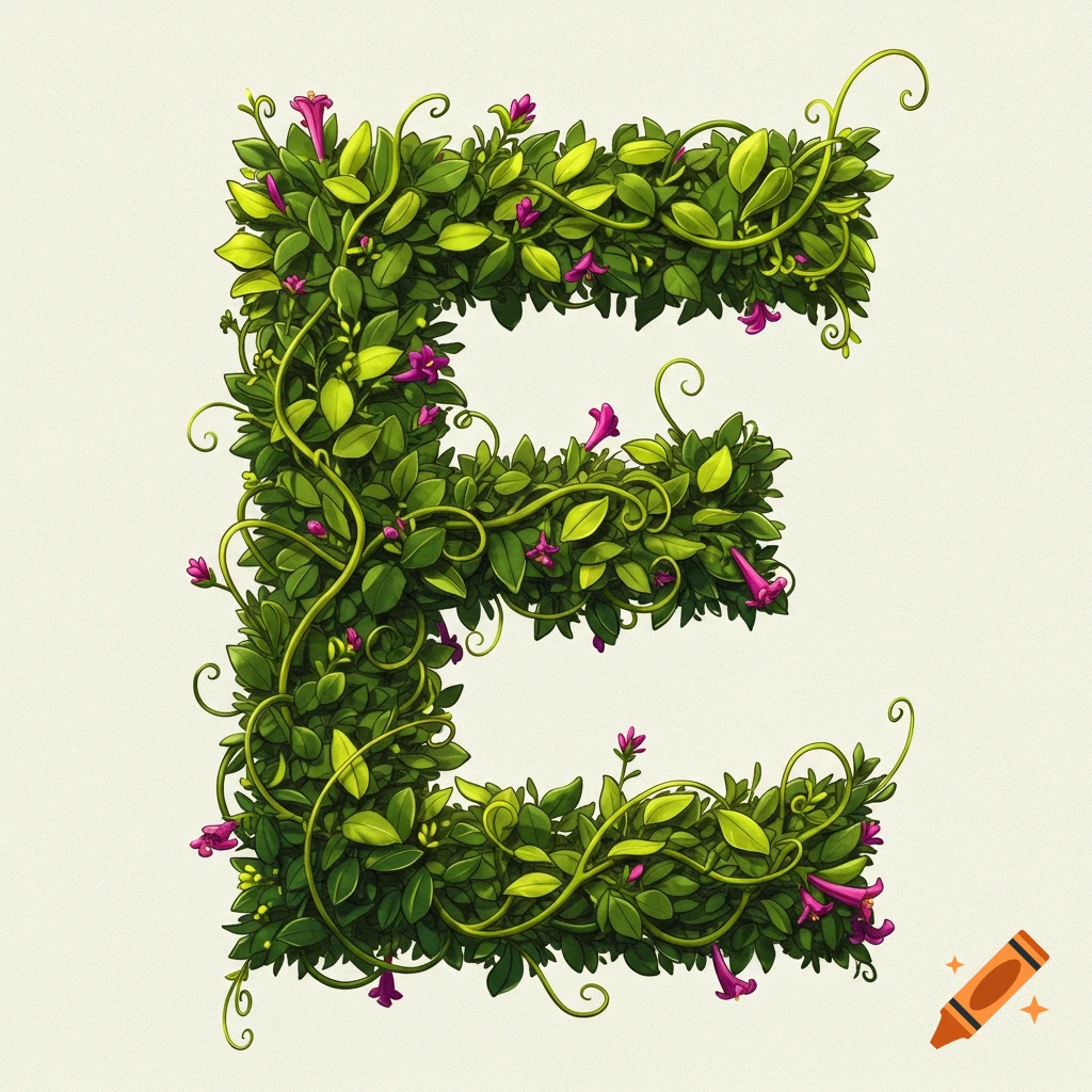 A capital letter E made from green leaves, vines, and pink flowers.