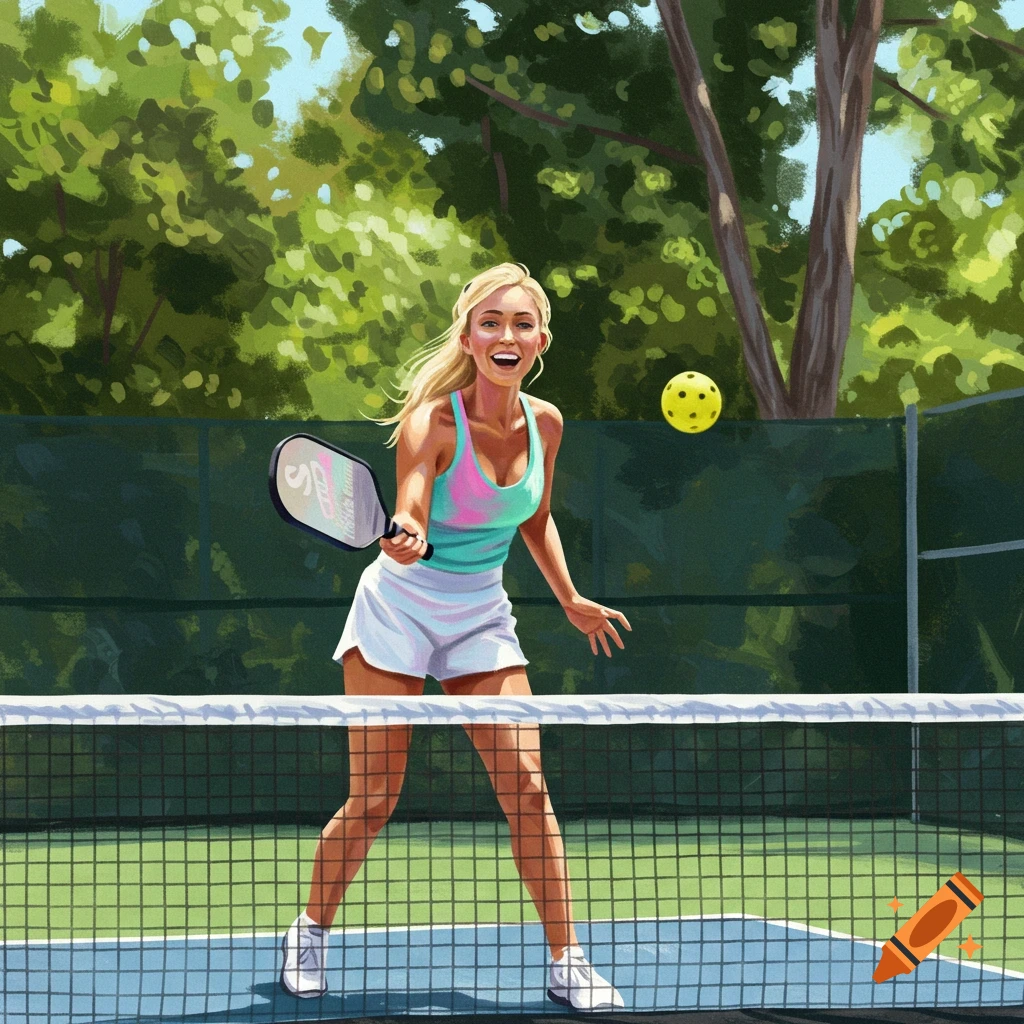 A blonde woman playing pickleball on a court.