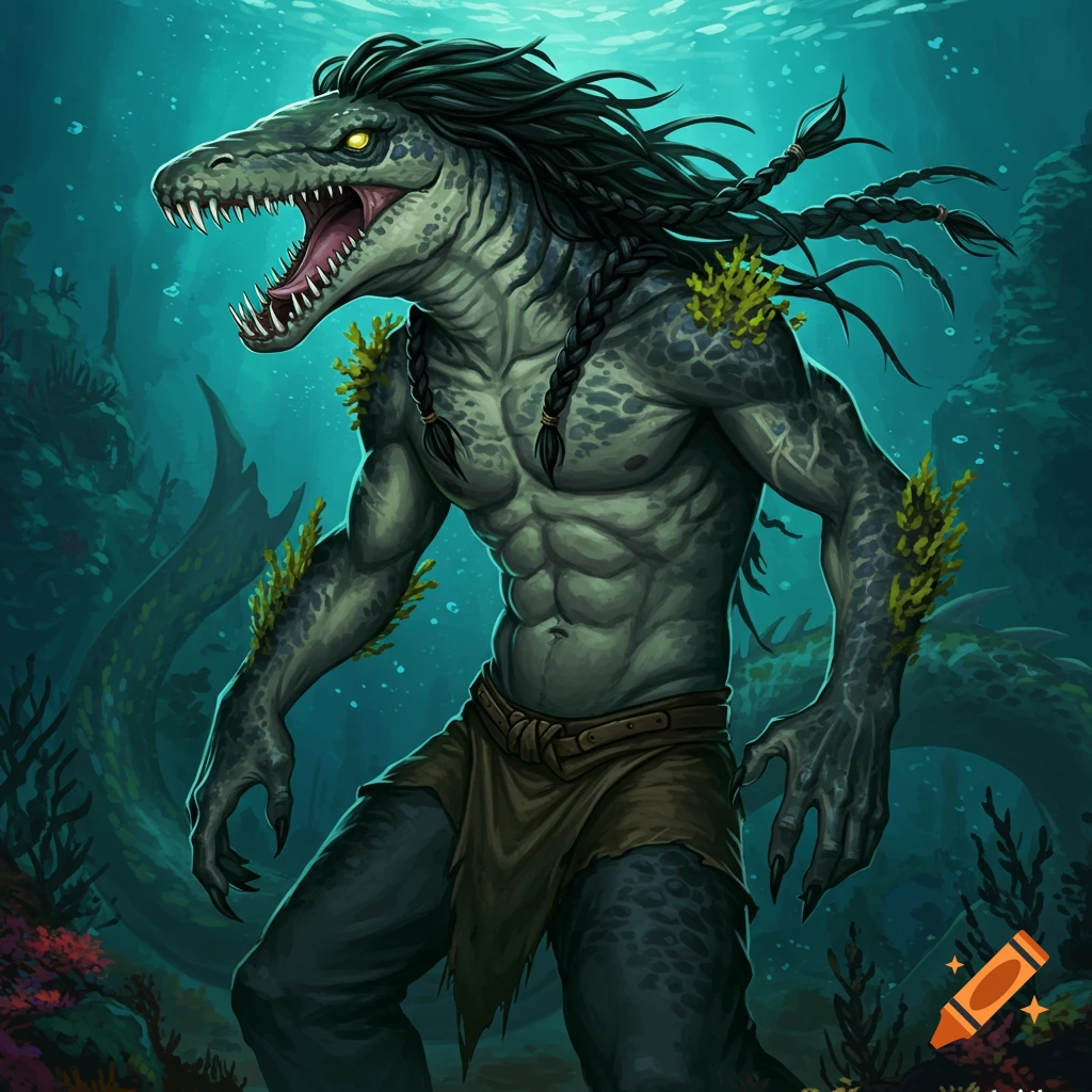 A muscular humanoid liopleurodon creature with braided hair, glowing eyes, and scales underwater.
