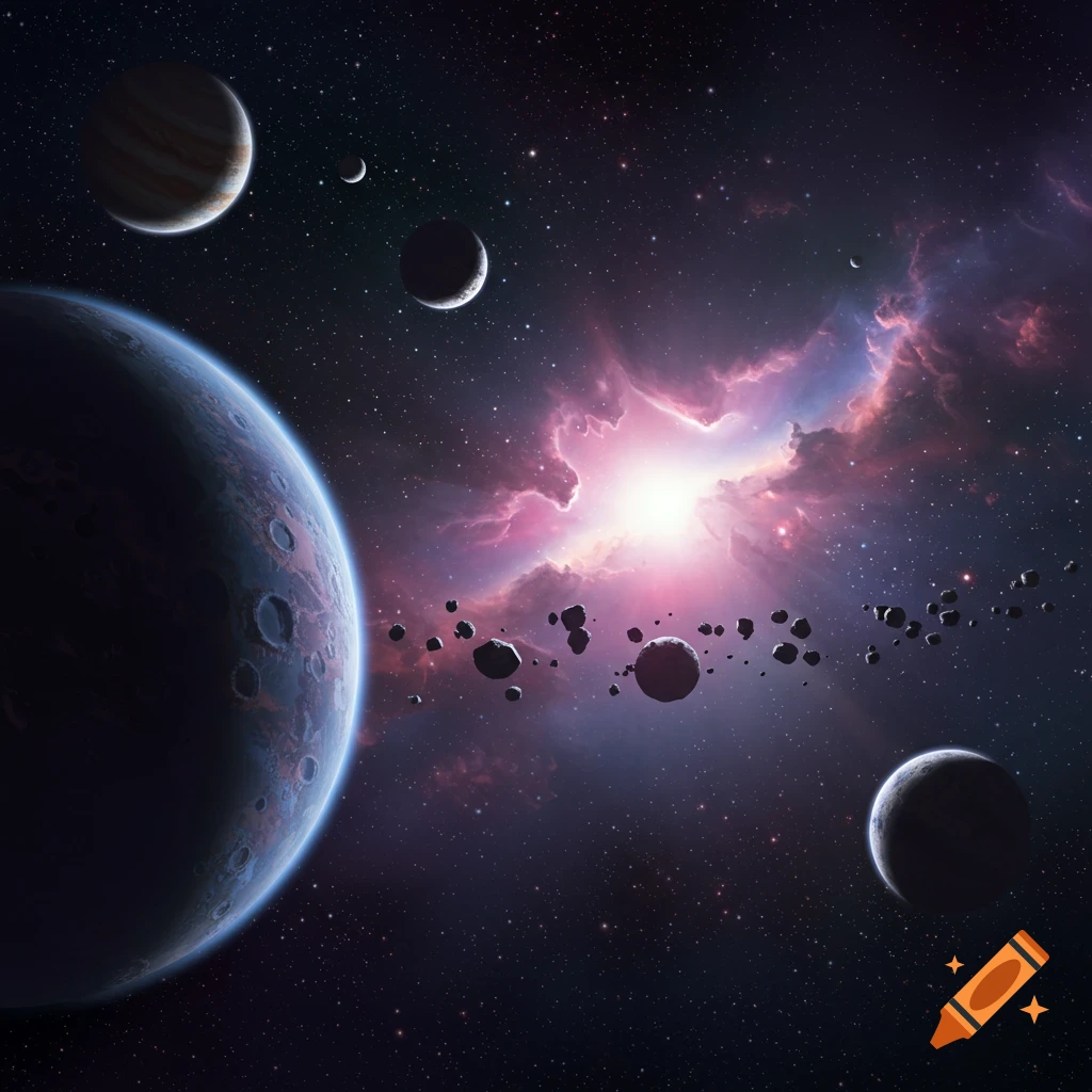 A space scene with multiple planets, an asteroid belt, and a bright nebula.