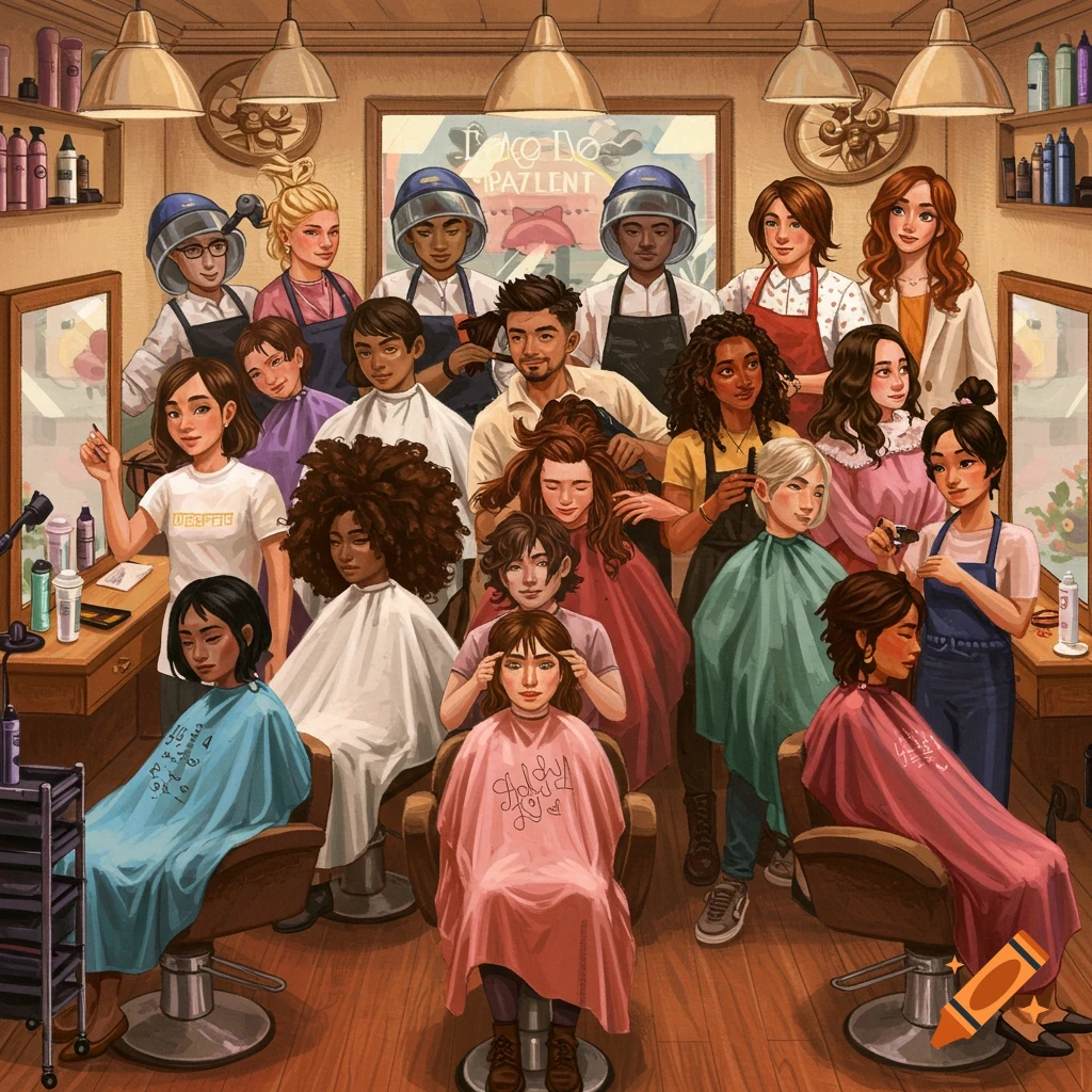 A bustling hair salon with many customers and stylists.