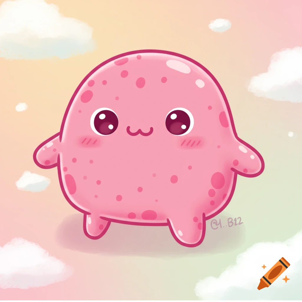 Cute pink blob creature in a pastel sky.