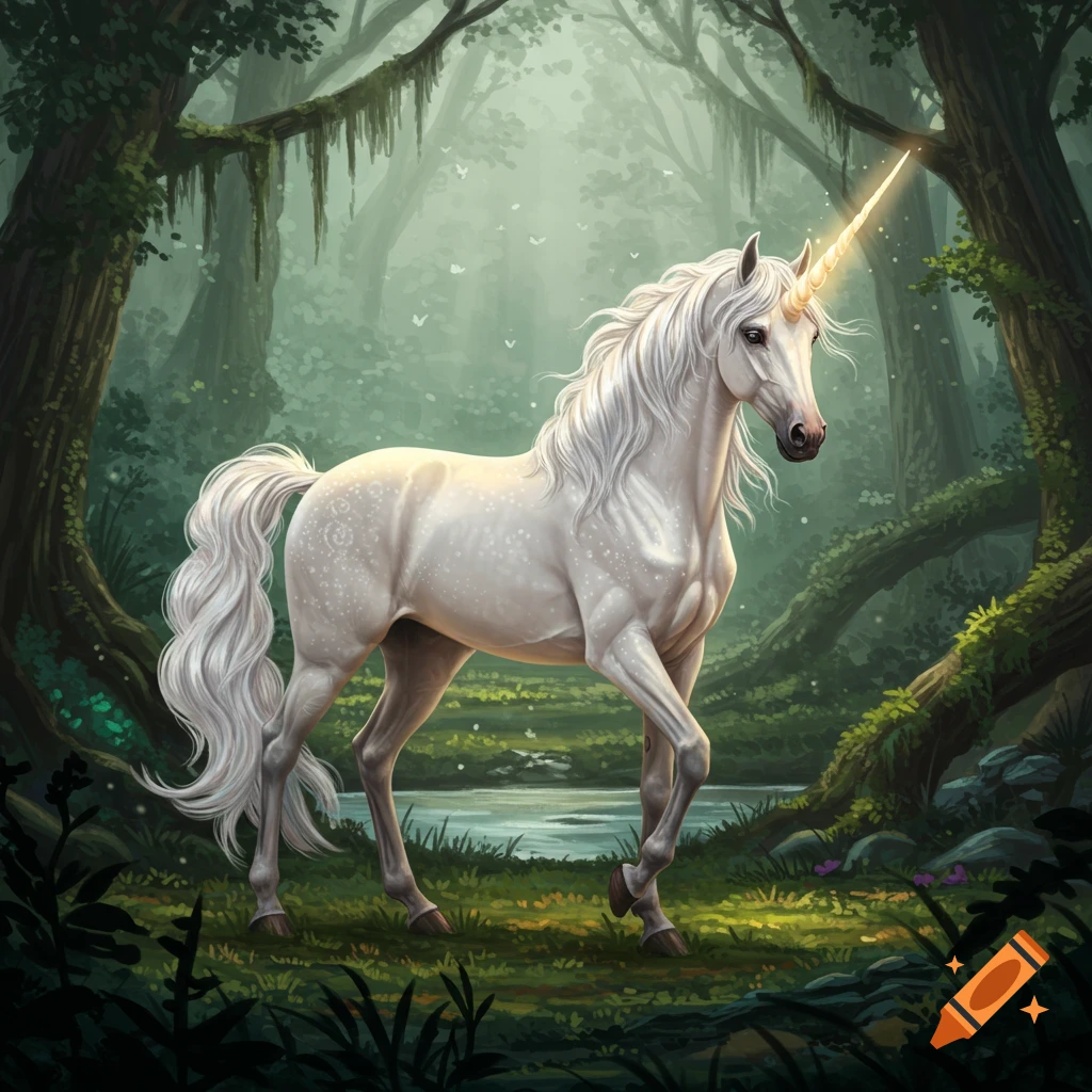 A white unicorn standing in a magical forest.