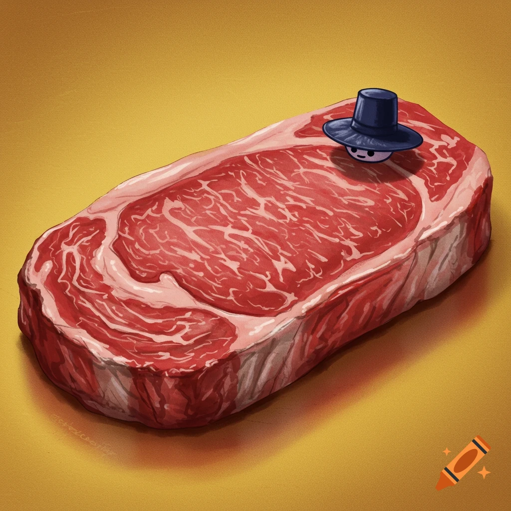A ribeye steak with a tiny character wearing a blue hat on top.