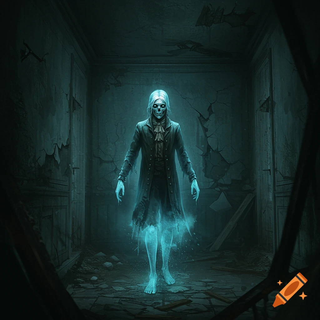 A glowing skeletal ghost stands in a dark, dilapidated room.