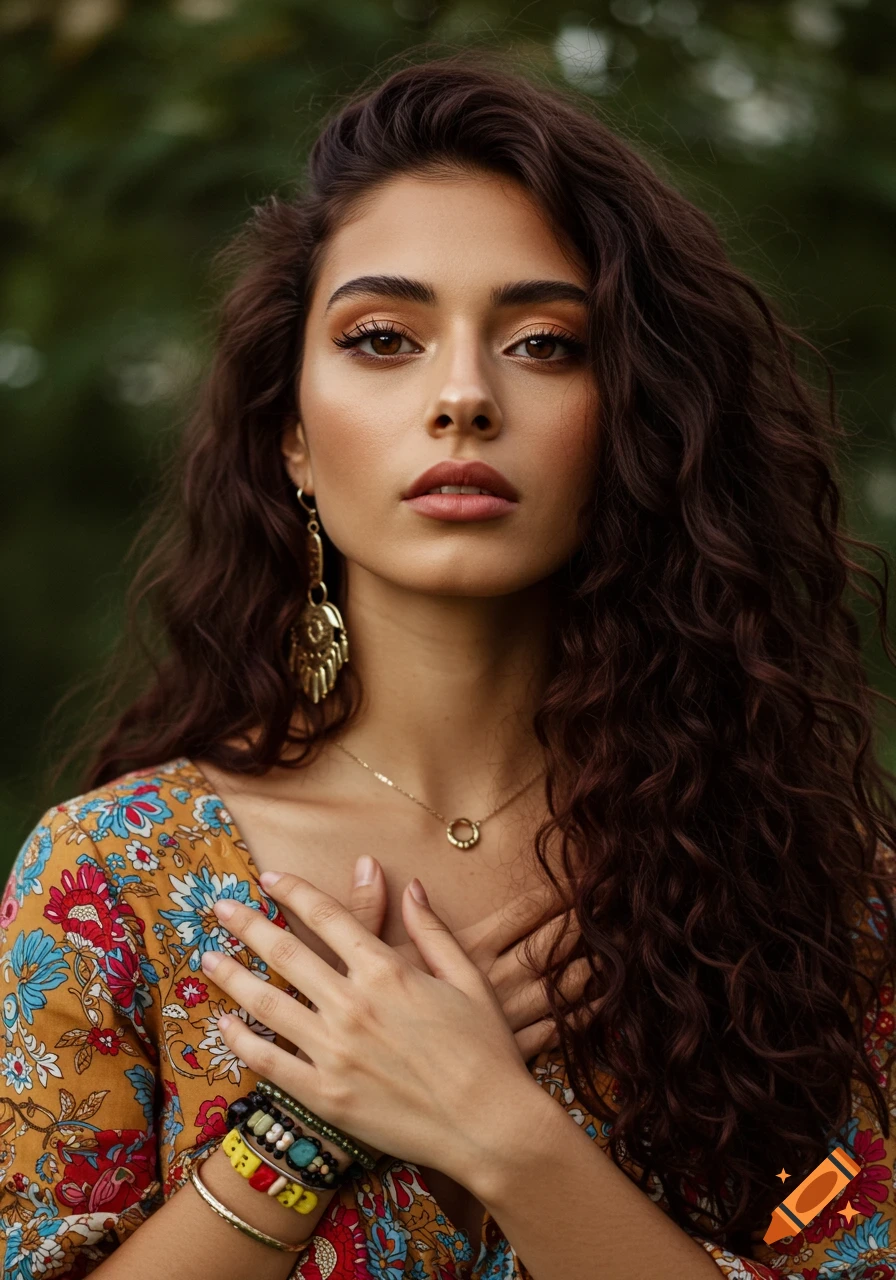 Close-up portrait of a woman with long curly brown hair, wearing a colorful patterned dress and bohemian jewelry.