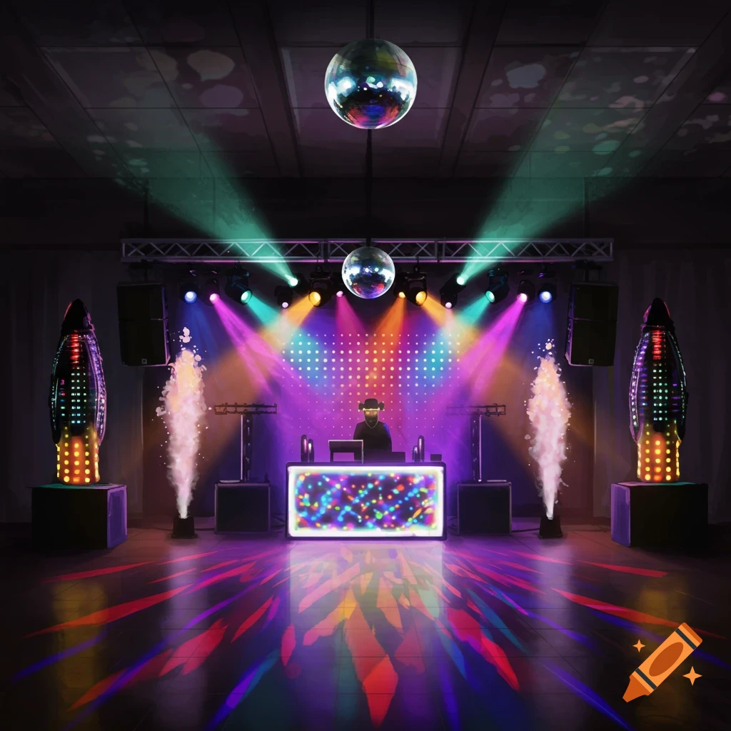 A DJ setup is on a stage with lights, disco balls, and geysers.
